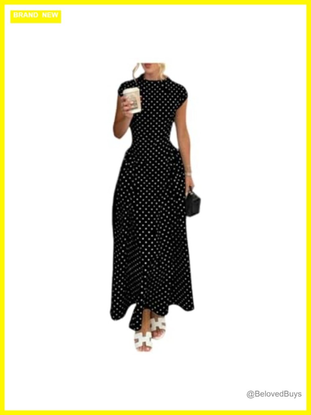 Women's Polka Dot Mock Neck Maxi Dress Cap Sleeve A-Line High Waist Flared